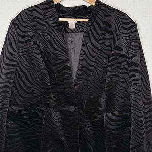 Chico's Velvet Zebra Stripe Jacket Coat Womens 3 (XL 16/18) Animal Print Black